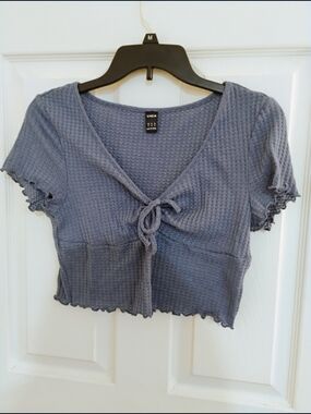 SHEIN Dusty Blue Tie-Front Waffle-Knit Crop Top